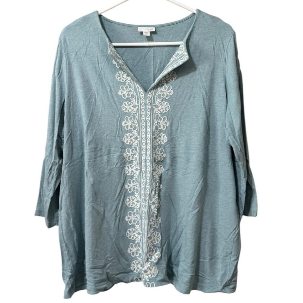 J. Jill Women Embroidered Popover‎ Tunic Size XL 3/4 Sleeve V Neck Lightweight